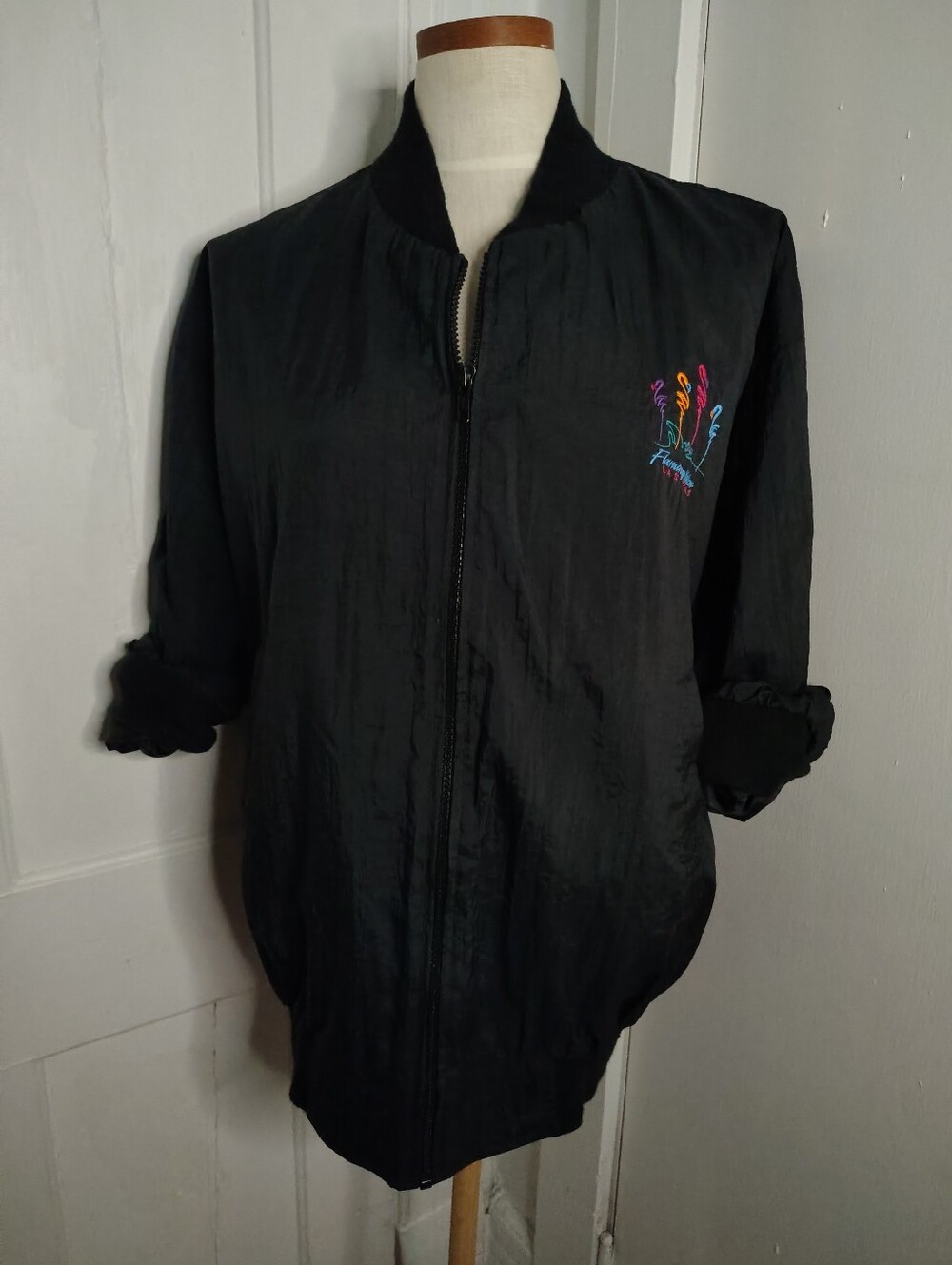 Vintage 1980s Flamingo Hilton Las Vegas Black Windbreaker Zip Jacket Mens XL